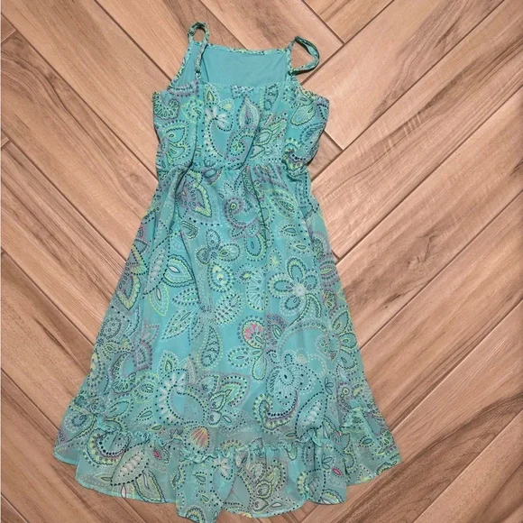 Girls' Aqua Paisley Ruffle Hem Summer Dress - Picture 2 of 5